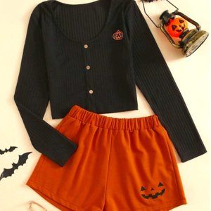 Pumpkin Print Button Front Lounge Set